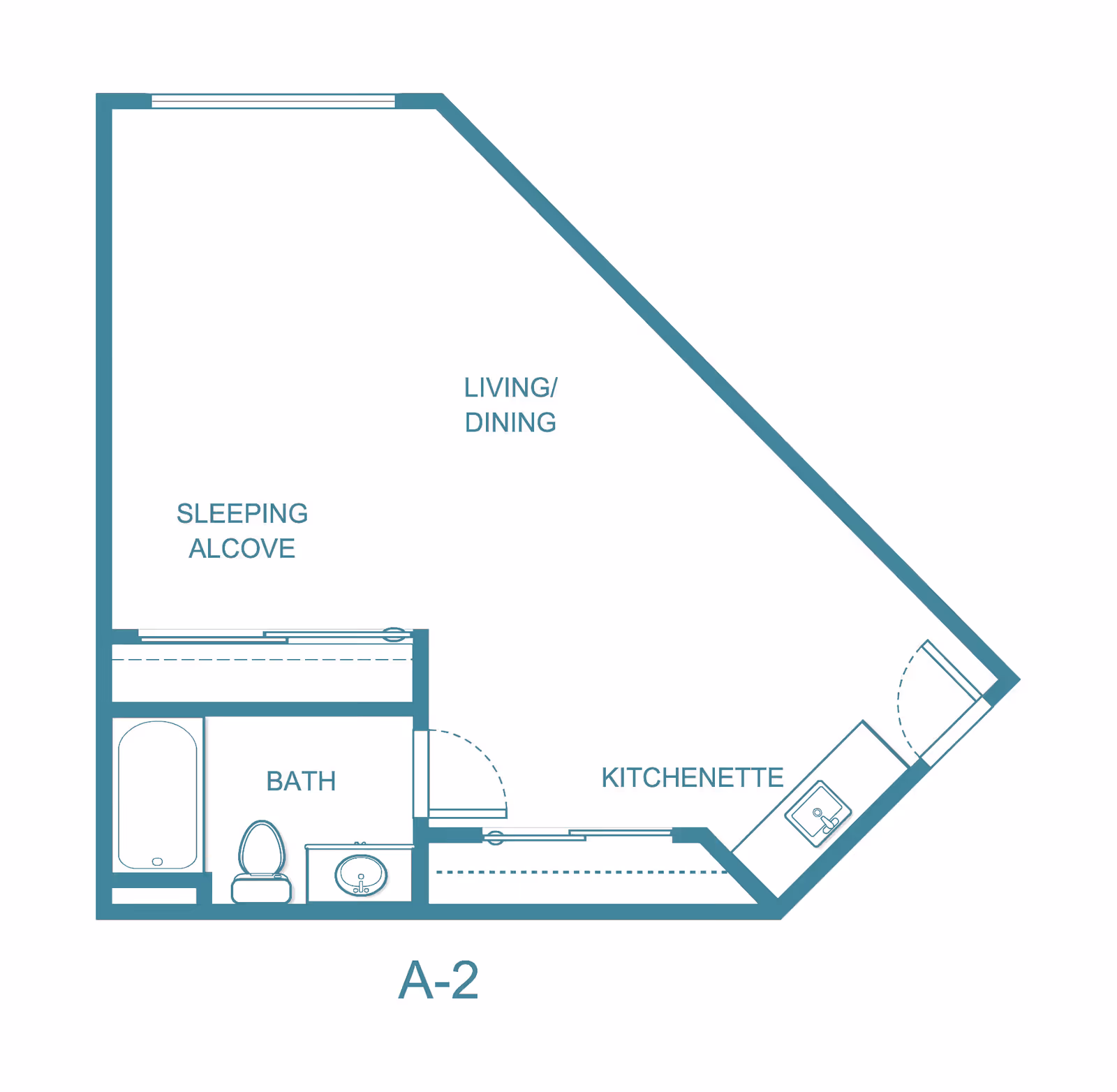 Architectural floor plan labeled A-2 showing a studio layout with a sleeping alcove, living/dining area, kitchenette, and a bathroom with a bathtub, toilet, and sink.