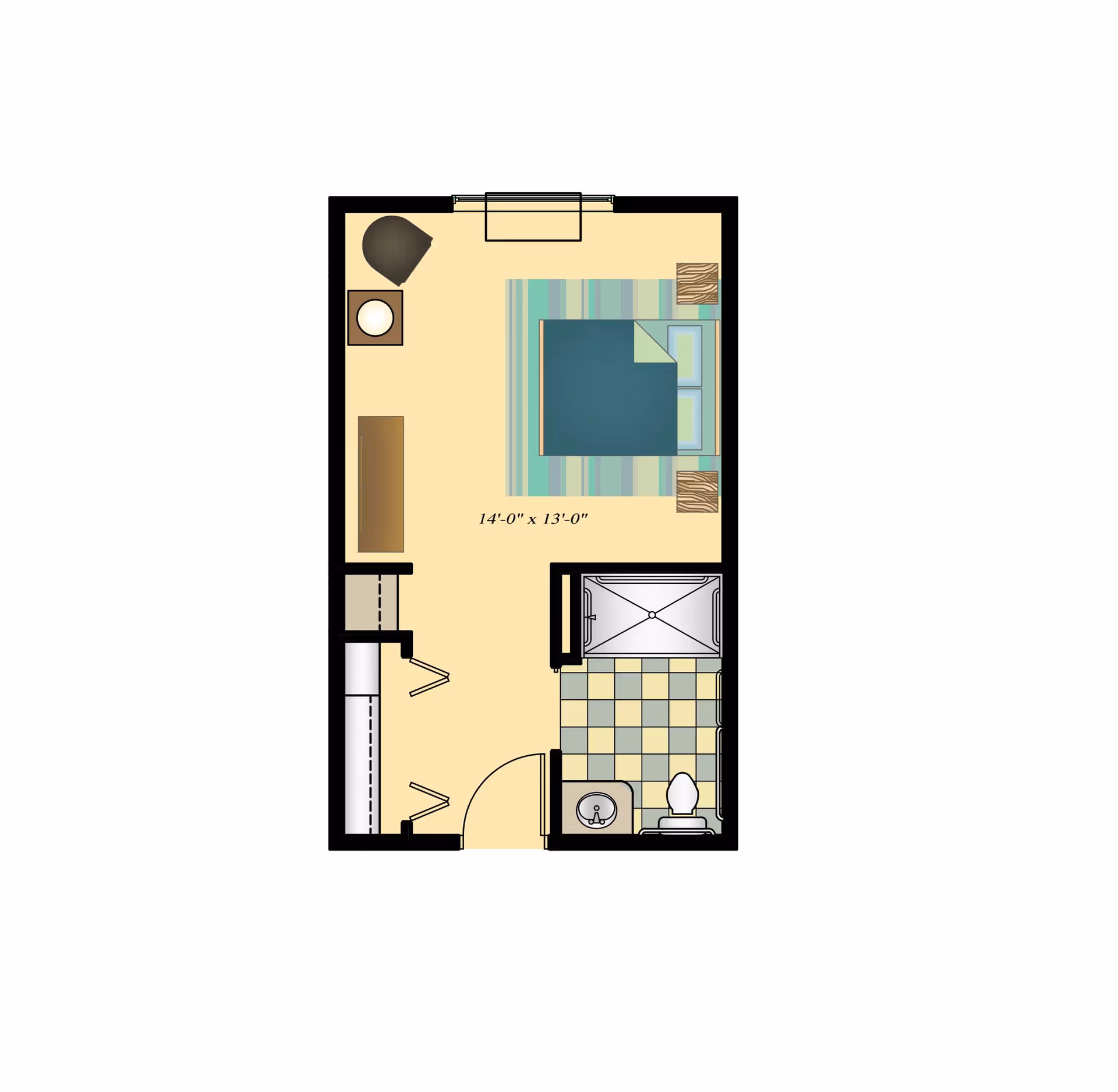 A floor plan of a room at Bonaventure of Pueblo, featuring a bed, a desk, and a bathroom area.