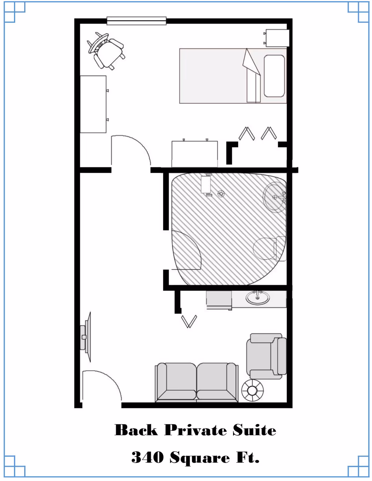 Floor plan drawing titled 'Back Private Suite 340 Square Ft.' showing a living area with sofa and chair, a bedroom with bed and desk, and an adjacent bathroom.