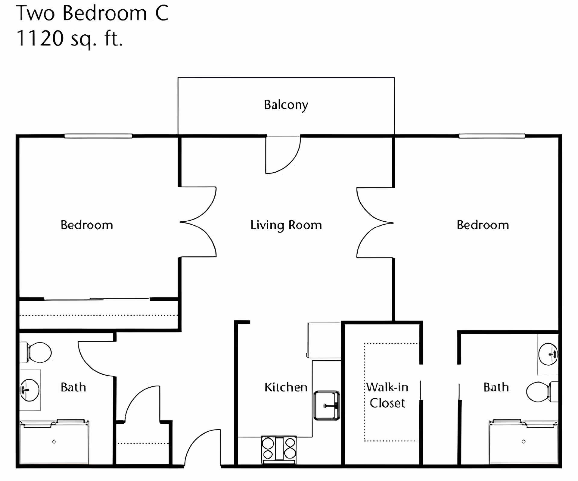 Floor plan of a two-bedroom apartment labeled 'Two Bedroom C' with 1120 square feet. The layout includes two bedrooms, two bathrooms, a kitchen, a living room with a balcony, and a walk-in closet.