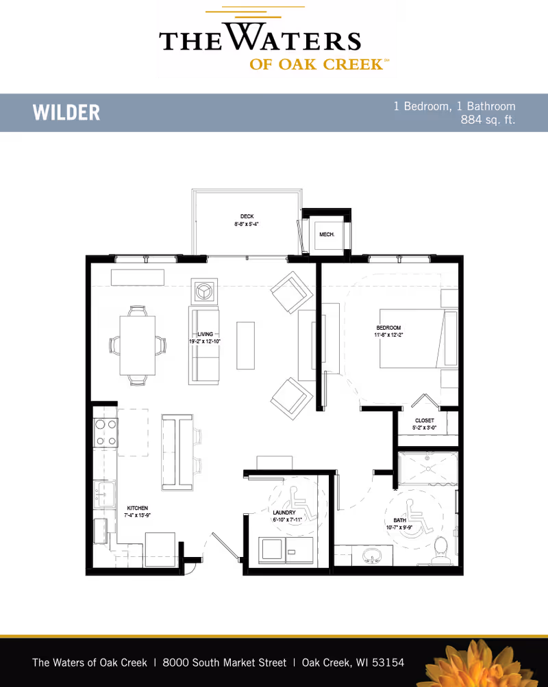 Floor plan layout of a one-bedroom, one-bathroom apartment named Wilder at The Waters of Oak Creek, showing labeled areas including deck, mechanical room, living room, bedroom, closet, kitchen, laundry, and bathroom with dimensions.