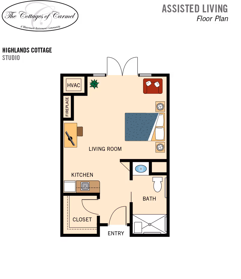Floor plan of a studio apartment at The Cottages Of Carmel showing a living room with a bed, two nightstands, a chair, a fireplace, and a plant. The kitchen area includes a sink and a closet. The bathroom has a sink, toilet, and shower. HVAC unit is also indicated.