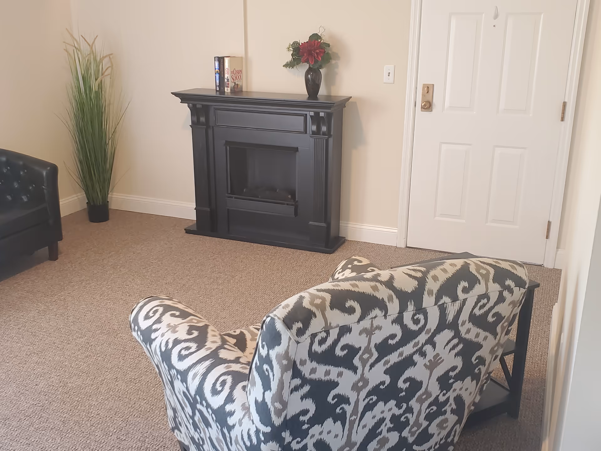 A cozy interior room with a patterned armchair in the foreground, a black faux fireplace against a beige wall with a vase of red flowers and two books on top, a tall green plant in the corner, and a white door with a brass doorknob.