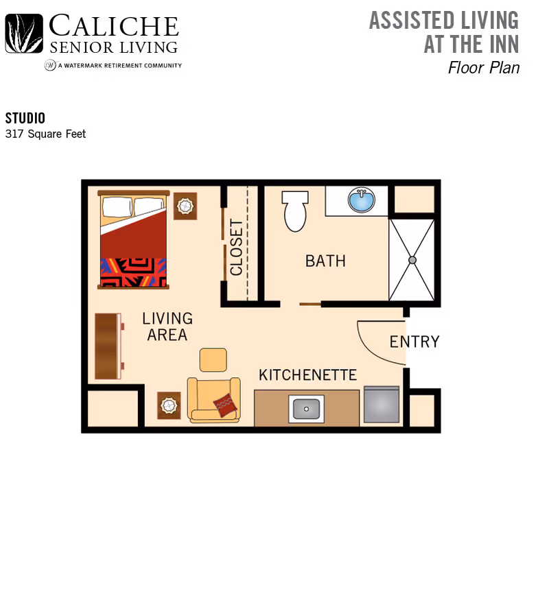 Simple floor plan of a studio assisted-living unit showing a bed, living area, kitchenette, closet and bathroom.