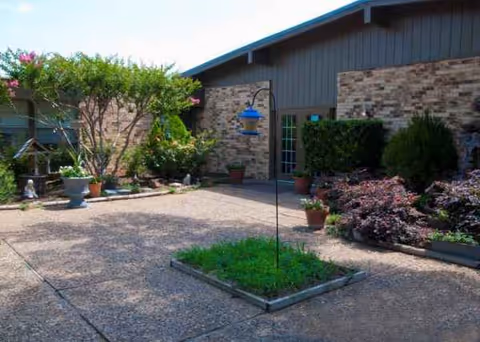 A paved courtyard garden area with potted plants and a bird feeder near a brick building.