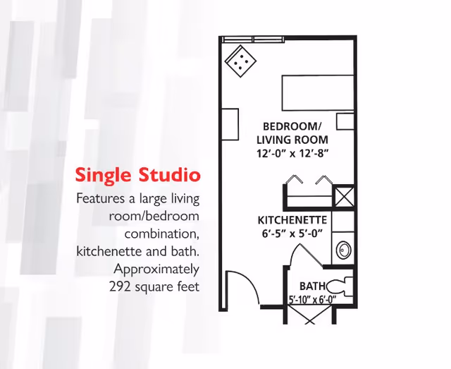 Floor plan of a single studio apartment at Mifflin Court showing a combined bedroom and living room area measuring 12 feet by 12 feet 8 inches, a kitchenette measuring 6 feet 5 inches by 5 feet, and a bathroom measuring 5 feet 10 inches by 6 feet. The layout includes a door entrance, kitchenette appliances, and bathroom fixtures.