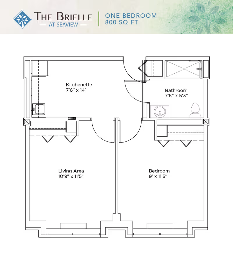 Header for The Brielle at Seaview one-bedroom 800 sq ft floor plan showing the community logo and small bathroom icons.