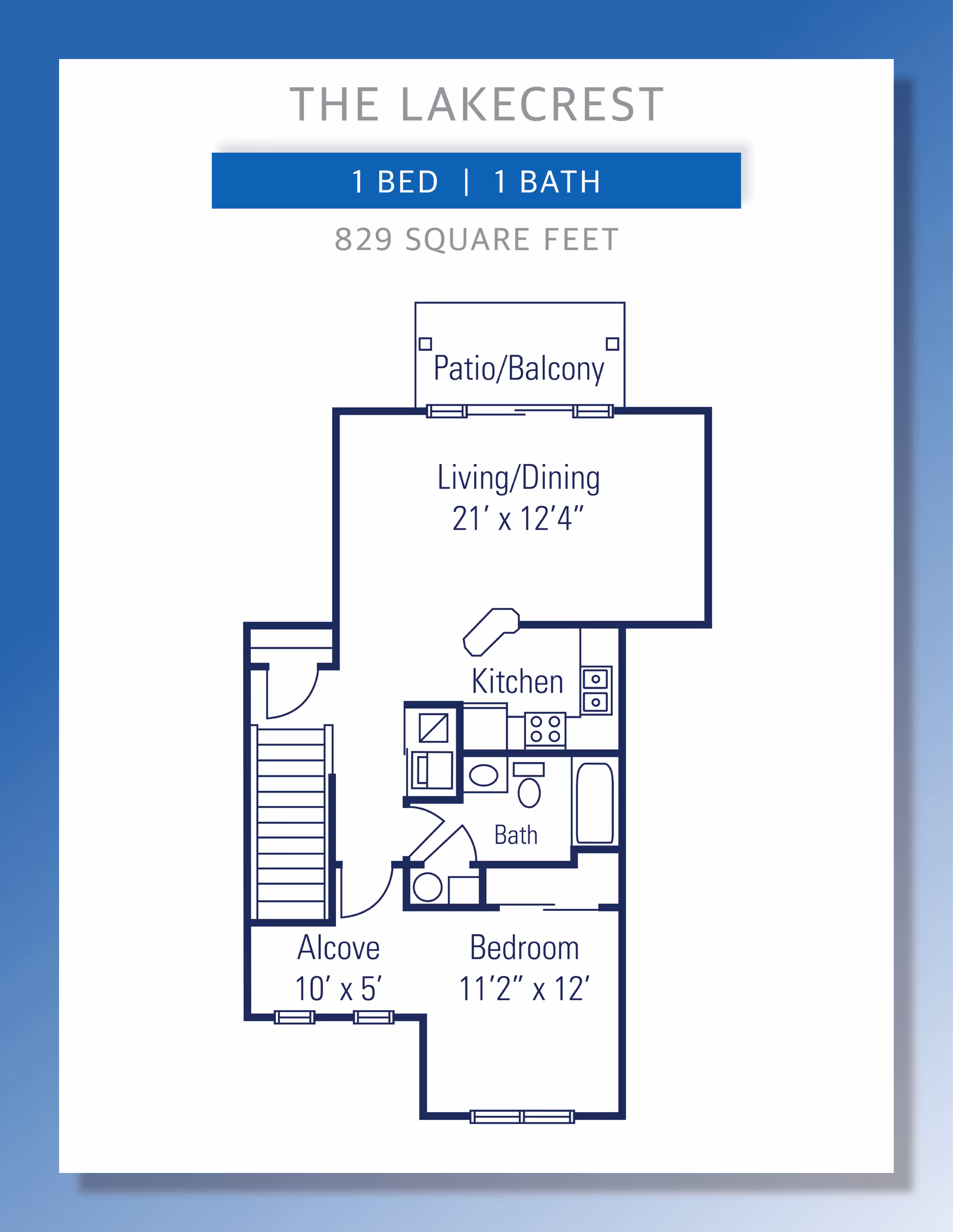 Floor plan for The Lakecrest unit showing 1 bedroom and 1 bathroom with 829 square feet. The layout includes a patio/balcony, living/dining area measuring 21 feet by 12 feet 4 inches, kitchen, bathroom, bedroom measuring 11 feet 2 inches by 12 feet, and an alcove measuring 10 feet by 5 feet.