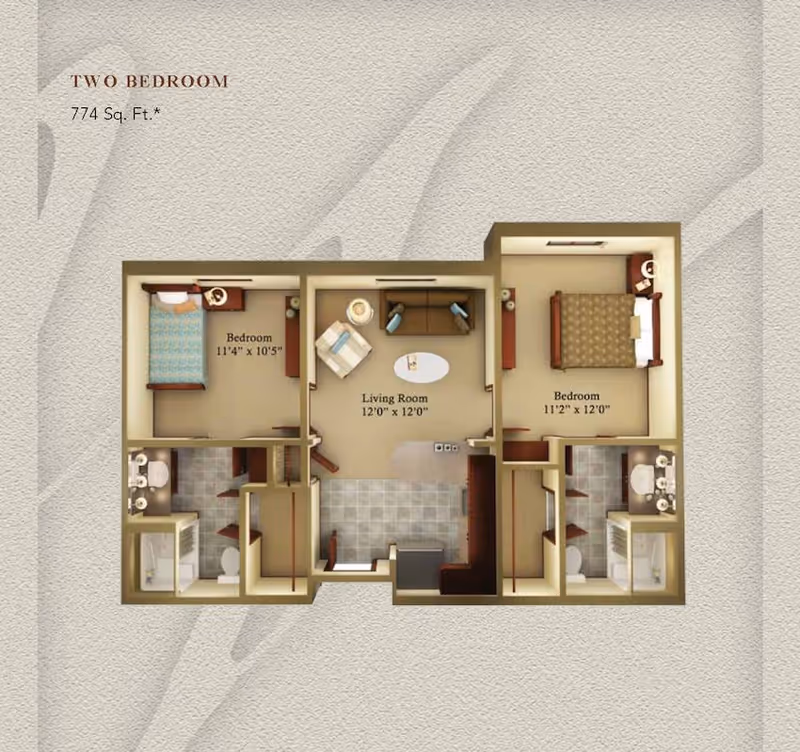 Floor plan of a two-bedroom assisted living apartment with a total area of 774 square feet. The layout includes two bedrooms, each with its own bathroom, and a central living room. The left bedroom measures 11 feet 4 inches by 10 feet 5 inches and the right bedroom measures 11 feet 2 inches by 12 feet. Both bathrooms have a shower, toilet, and sink. The living room is 12 feet by 12 feet and furnished with a sofa, chair, and coffee table. The entrance opens into a tiled area adjacent to the living room.