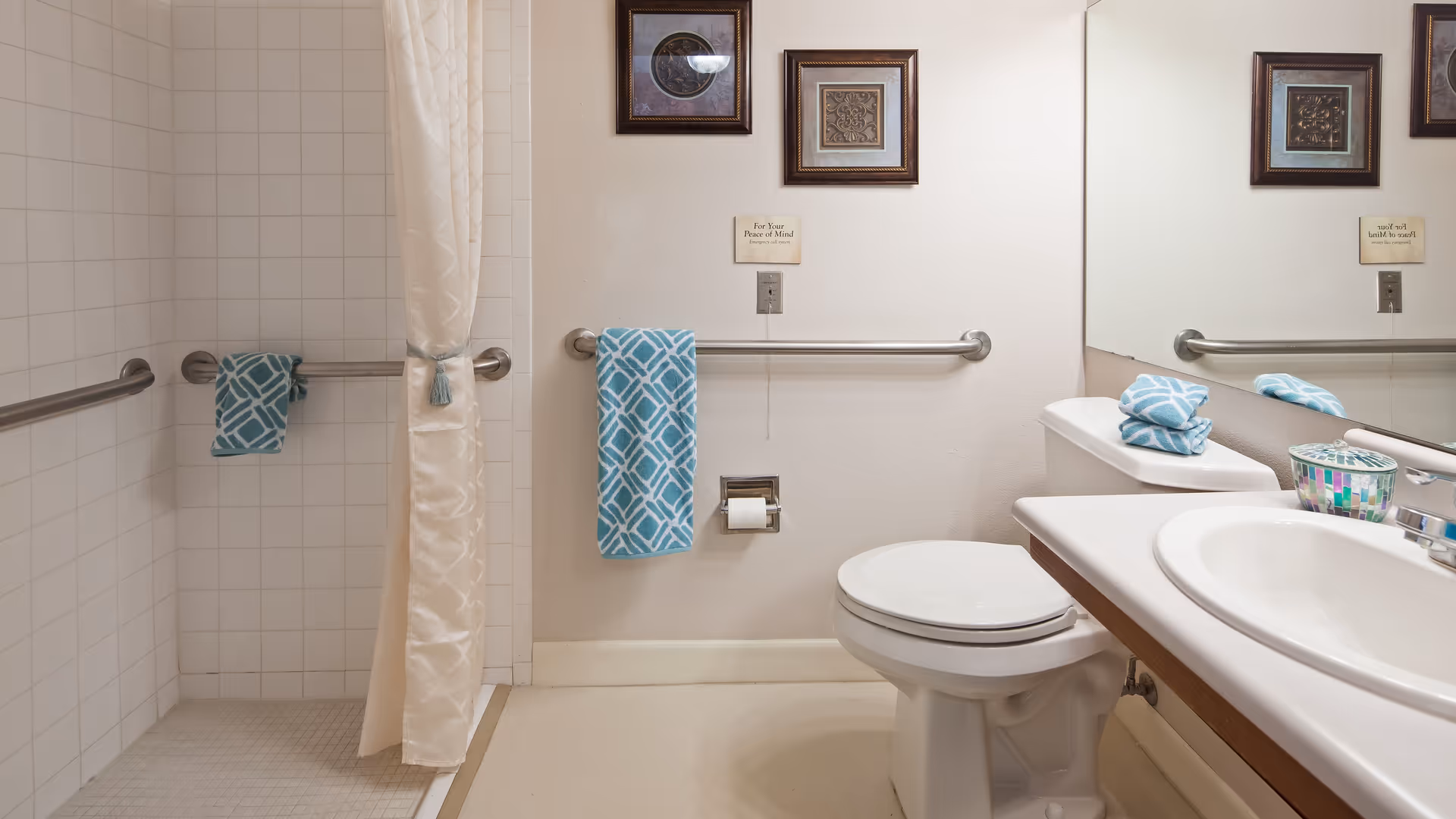 A clean and accessible bathroom featuring a walk-in shower with grab bars and a white curtain, a toilet with a grab bar beside it, a sink with a large mirror above, and blue patterned towels hanging on the bars. The walls have three framed decorative pieces.