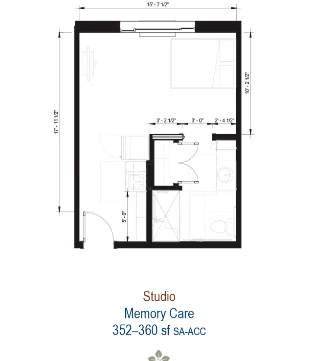 Architectural floor plan of a studio apartment designed for memory care, showing a combined living and sleeping area with a bed and TV, a kitchenette with a sink, and a bathroom with a shower, toilet, and sink. Dimensions and measurements are included.