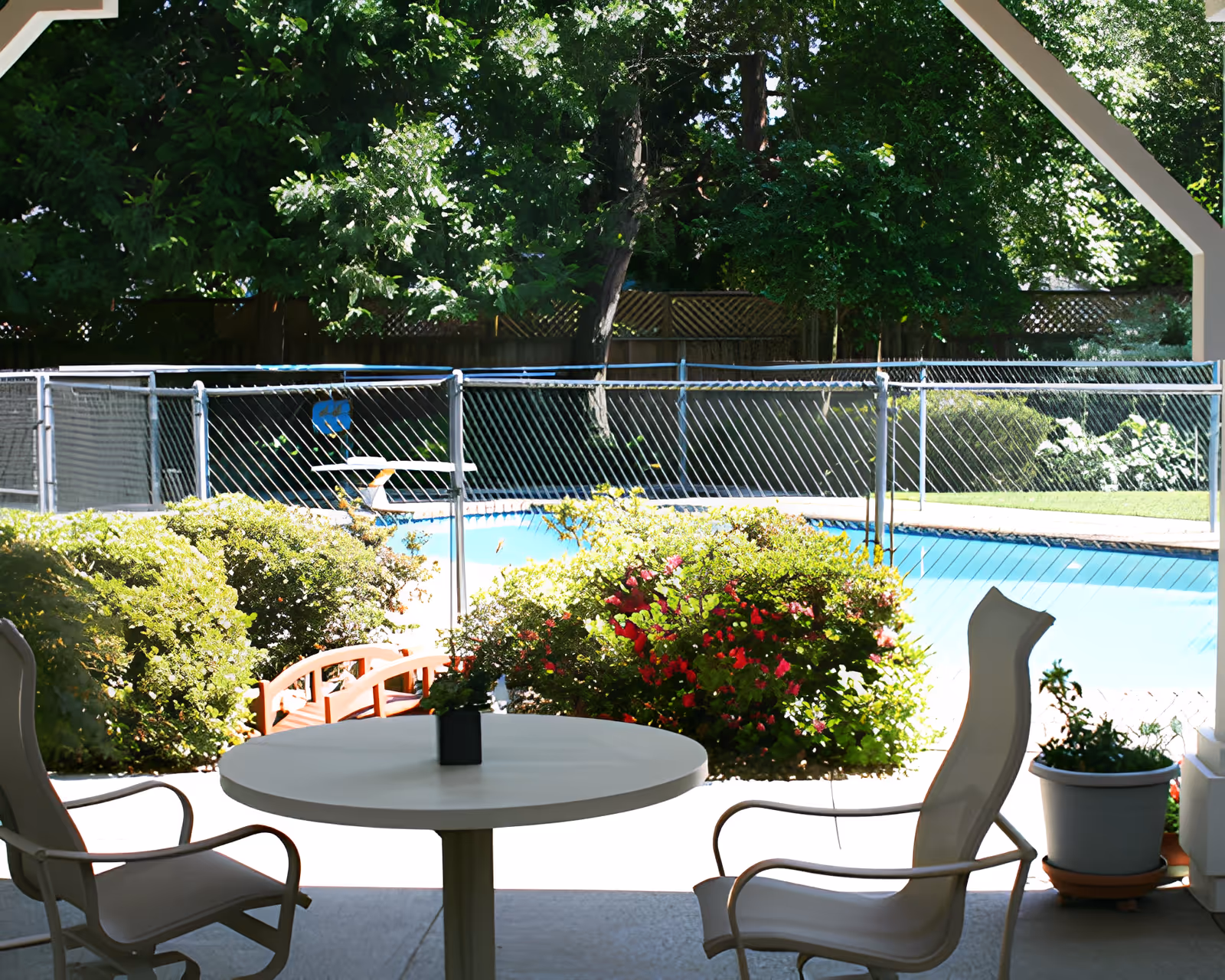 View from a covered patio with two chairs and a round table overlooking a fenced swimming pool surrounded by bushes and trees.