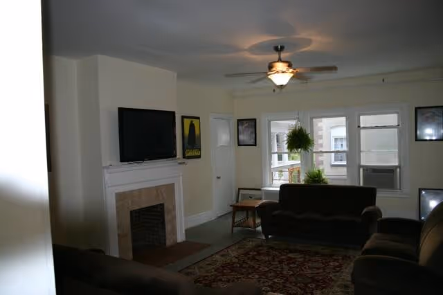 Cozy living room with TV, fireplace, seating, ceiling fan, plants, and large windows.
