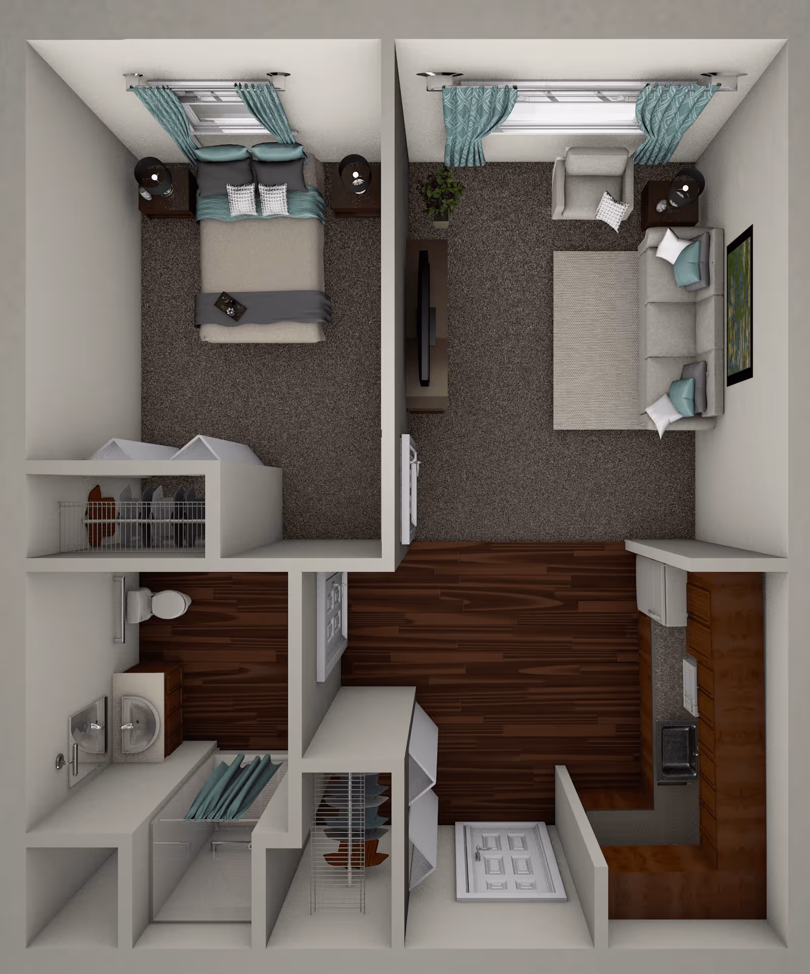 Top-down view of a one-bedroom apartment floor plan showing a bedroom with a bed and two nightstands, a living room with a sofa, armchair, TV, and side table, a kitchen with cabinets and appliances, a bathroom with a toilet, sink, and shower, and closets near the entrance.
