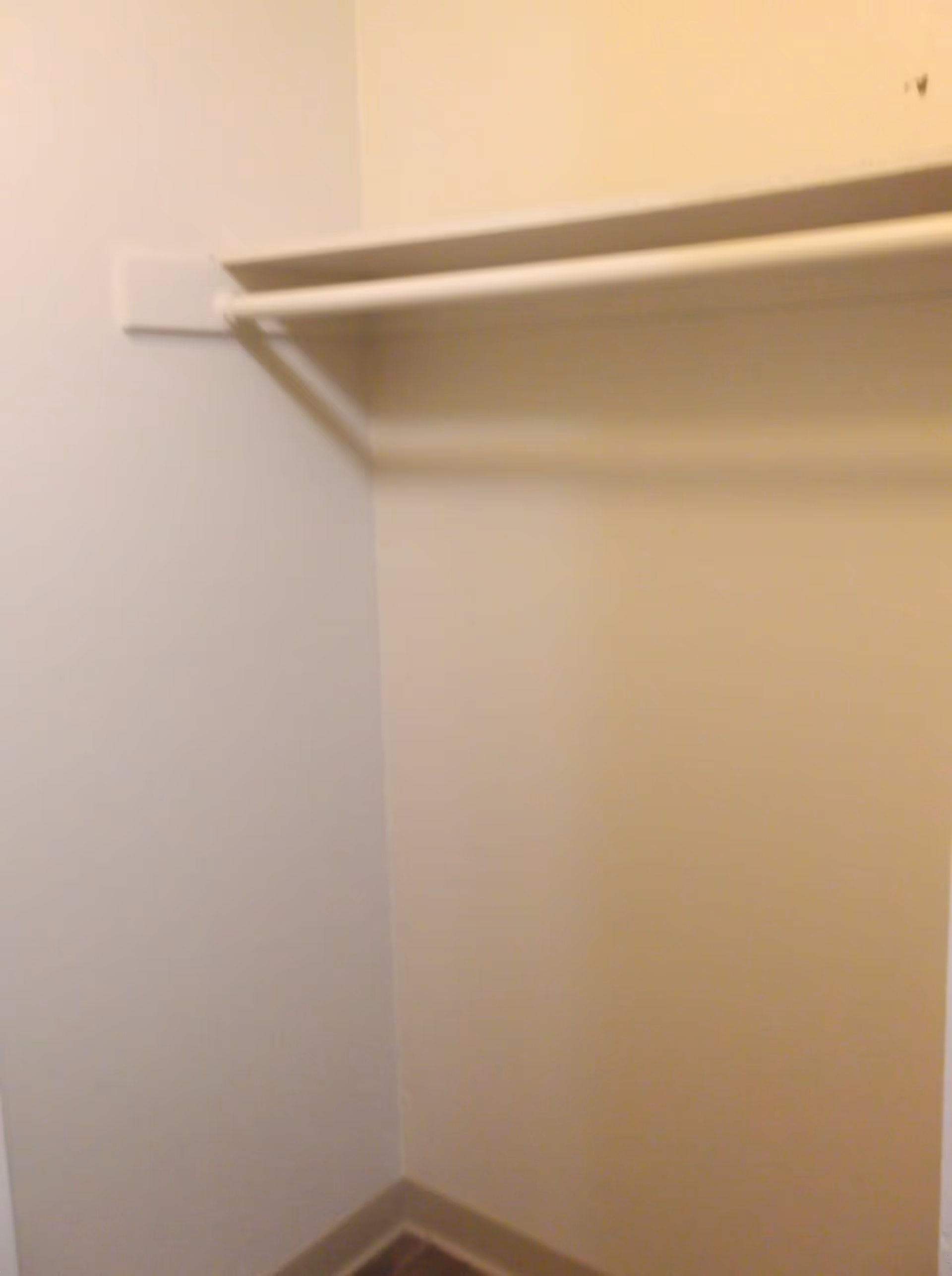 Empty closet with a single white shelf and hanging rod mounted on beige walls and a brown floor.