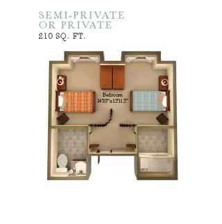 Floor plan of a semi-private or private room measuring 210 square feet, showing two separate beds with nightstands, a shared central closet area, a bathroom with a toilet and sink on one side, and a bathroom with a bathtub and sink on the other side.
