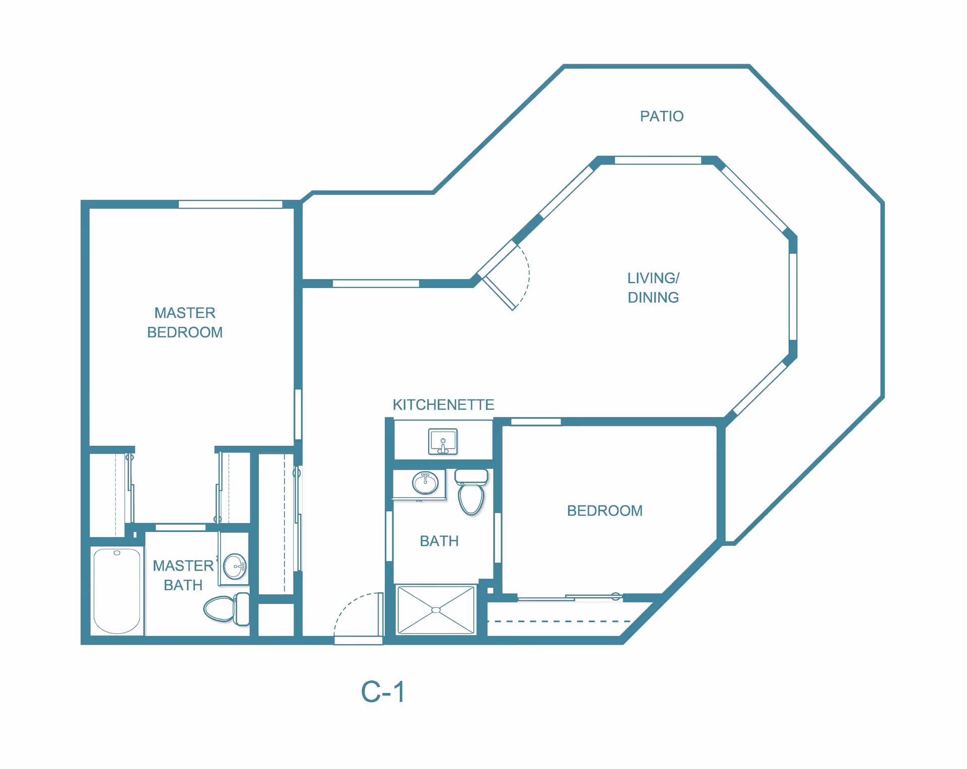 Architectural floor plan of a senior living unit labeled C-1 at The Hampshire - A Provincial Senior Living Community, showing a master bedroom with attached master bath, a second bedroom, a bath, kitchenette, living/dining area, and a surrounding patio.