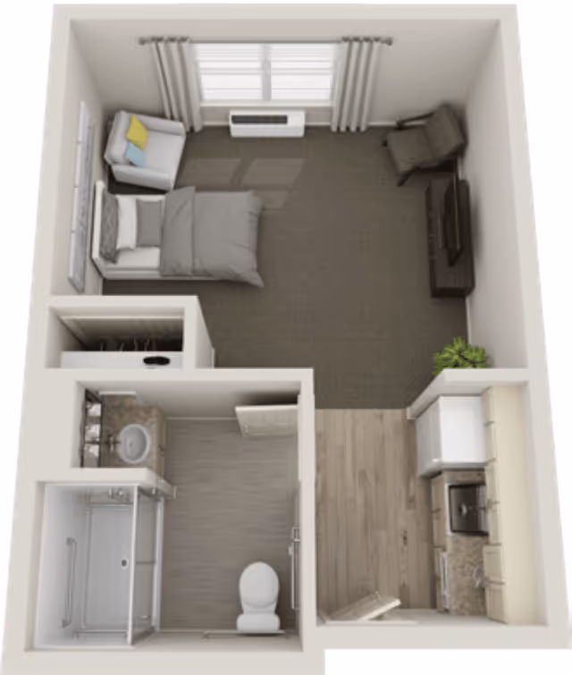 3D floor plan of a small studio apartment featuring a bedroom area with a bed, armchair, and TV on a stand. The apartment includes a bathroom with a shower, toilet, and sink, and a kitchen area with appliances and cabinetry. There is a window with curtains in the bedroom area letting in natural light.