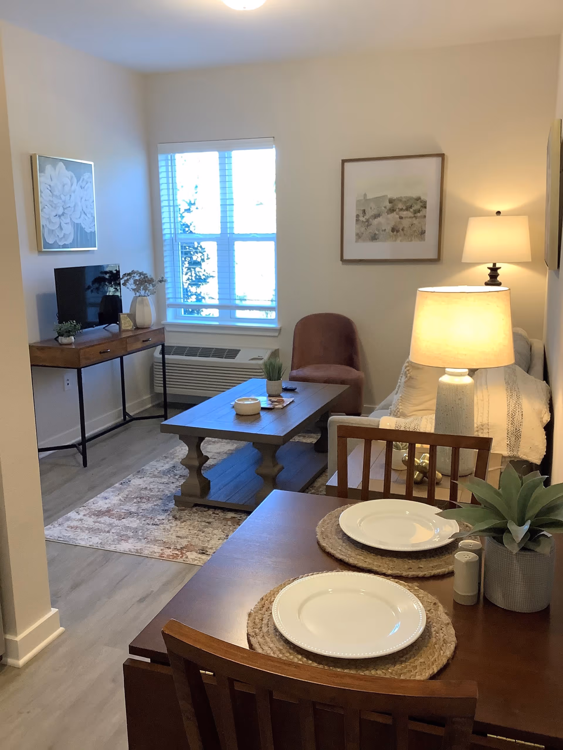 Cozy living and dining area with a wooden dining table set in the foreground, a coffee table, sofa and armchair, TV console, and a window with blinds.