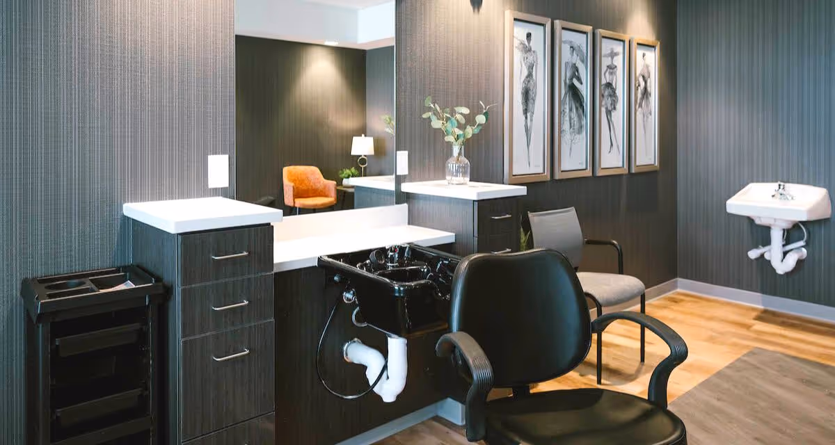 Interior salon grooming area with a black styling chair, shampoo sink, cabinets and framed artwork on the wall.