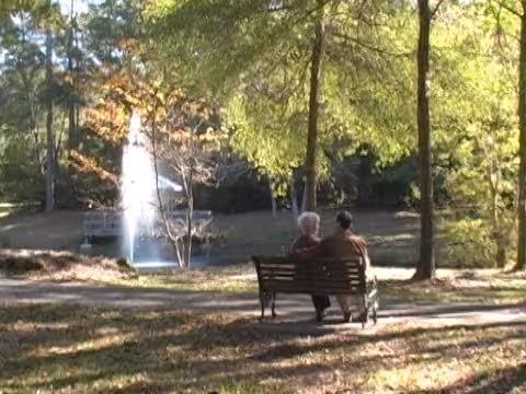 Two people sit on a park bench facing a fountain and a tree-lined pond with sunlight filtering through the leaves.