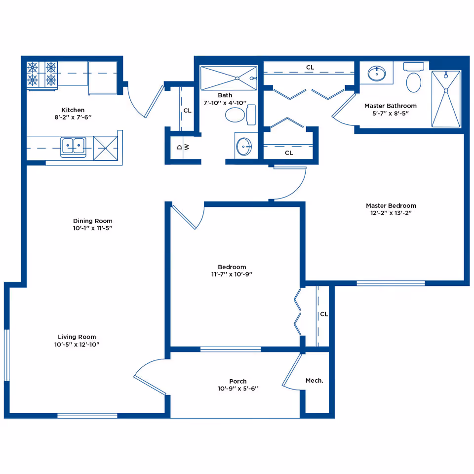 Architectural floor plan of a residential unit showing a kitchen, dining room, living room, porch, bedroom, master bedroom with master bathroom, a second bathroom, closets, and a mechanical room.