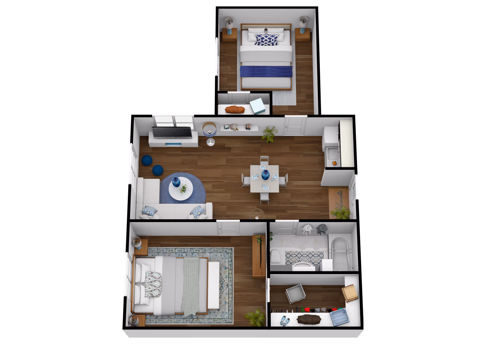 3D floor plan of a senior living apartment at Bridgewood Gardens showing two bedrooms, a living room with a sofa and TV, a dining area with a table and chairs, a kitchen, a bathroom with a bathtub, and a walk-in closet.