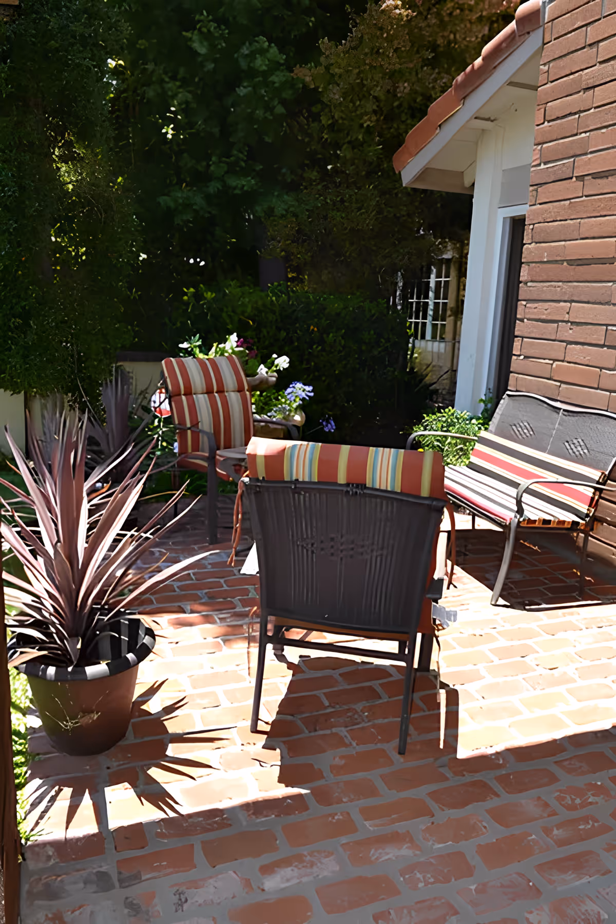 Brick patio with striped cushioned chairs, a potted spiky plant, and surrounding greenery next to a house.