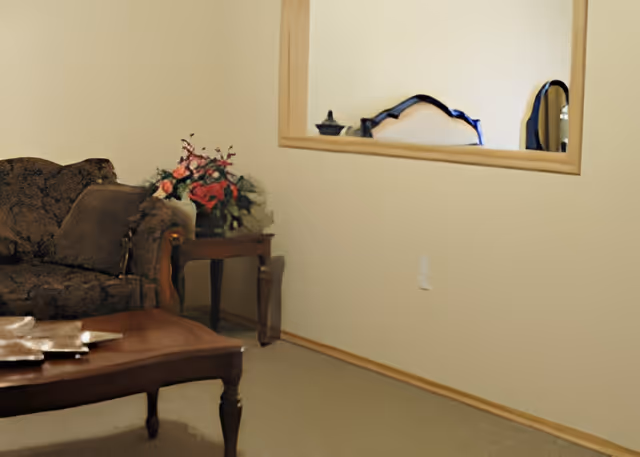 A cozy living room area with a dark patterned sofa and a matching pillow. Next to the sofa is a wooden side table with a floral arrangement. In front of the sofa is a wooden coffee table with decorative items. The walls are light-colored, and there is a rectangular pass-through window with decorative objects on the other side.