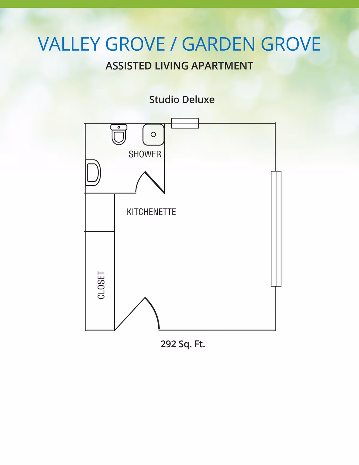 Floor plan of a Studio Deluxe assisted living apartment at Valley Grove / Garden Grove, showing a kitchenette, shower, closet, and main living area totaling 292 square feet.
