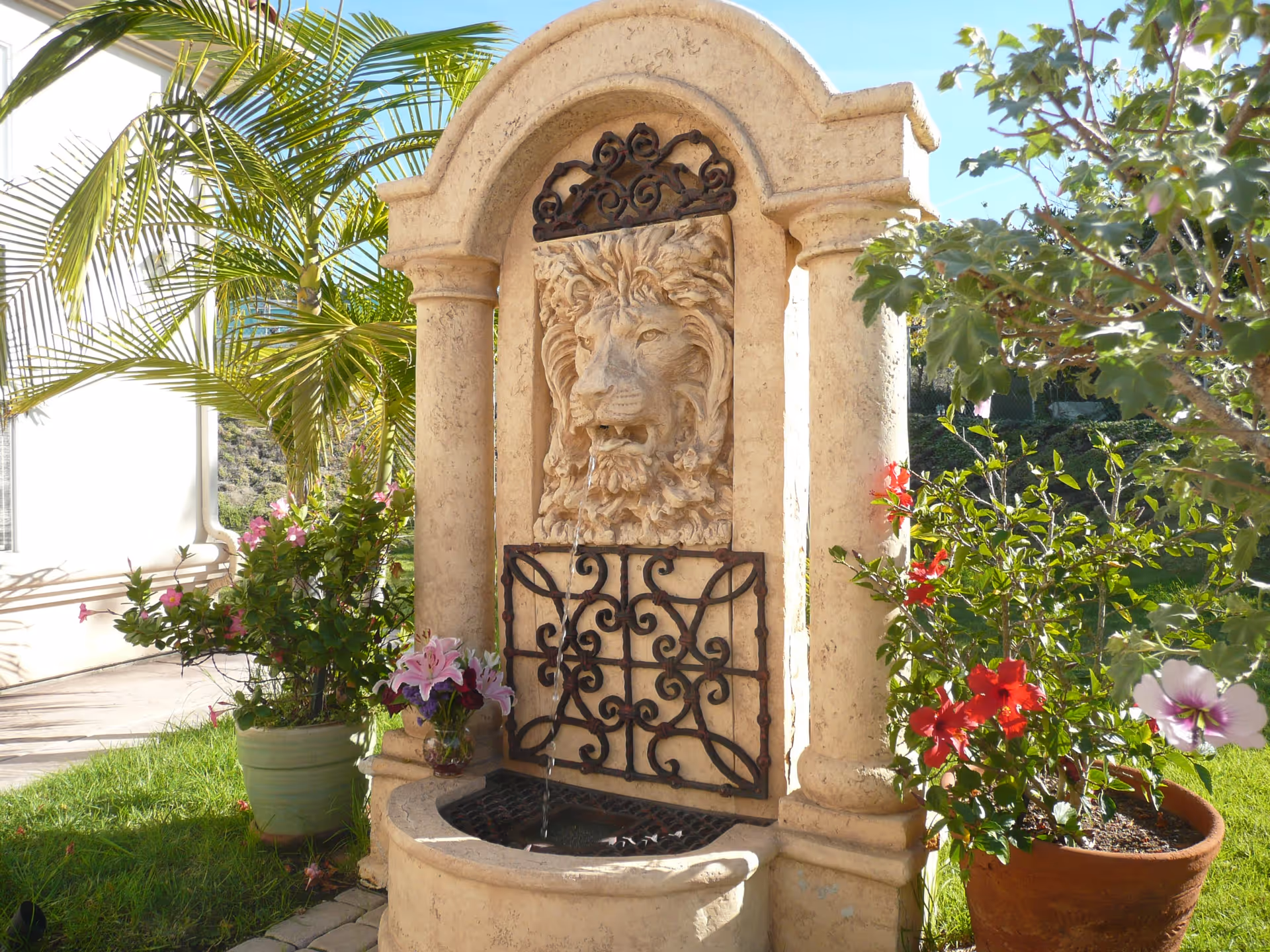 Outdoor stone fountain with a lion's head carving, surrounded by potted plants and flowers, with a palm tree and a building visible in the background under a clear blue sky.