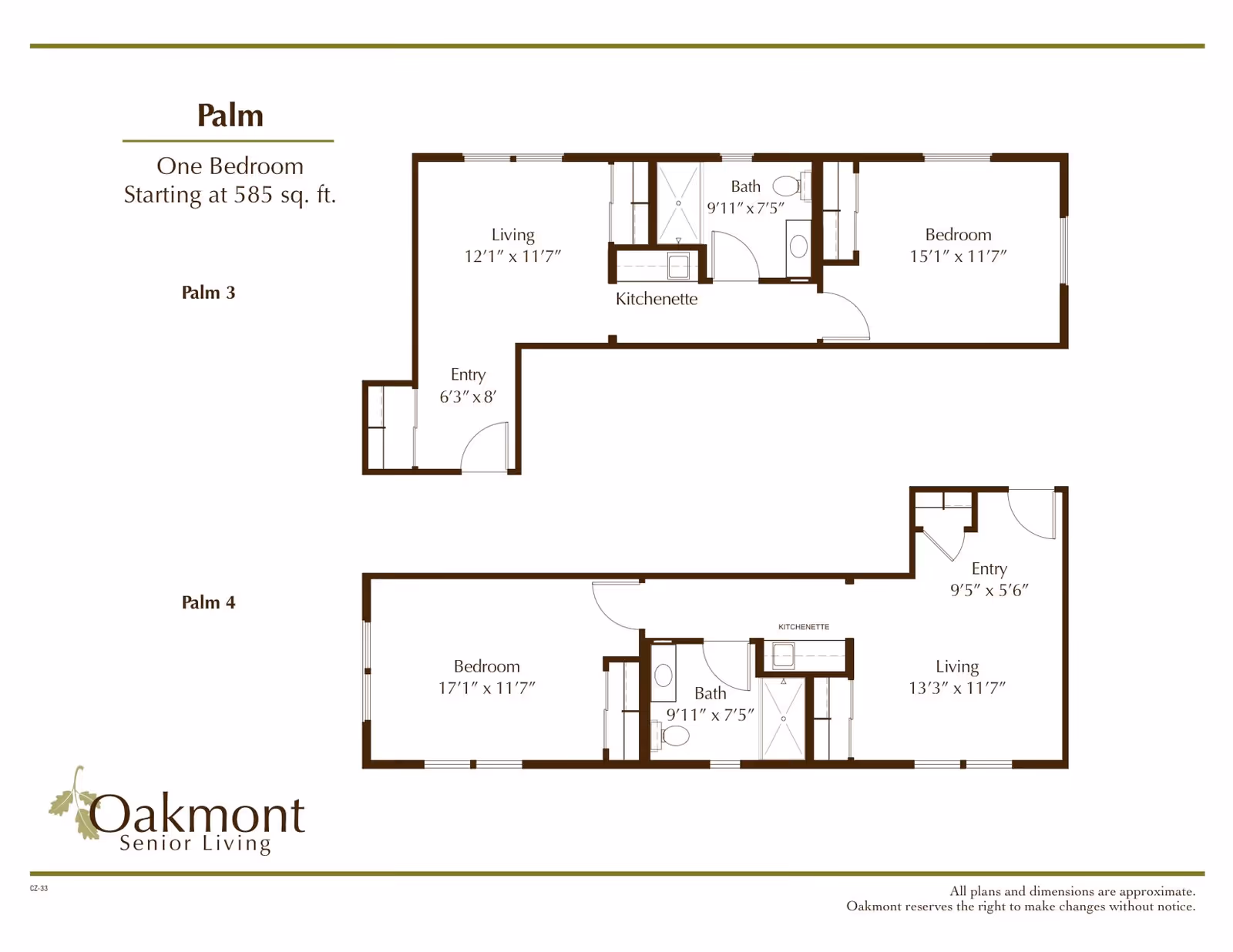 Floor plans for two one-bedroom apartments named Palm 3 and Palm 4 at Oakmont Senior Living. Palm 3 includes an entry, living area, kitchenette, bath, and bedroom with dimensions. Palm 4 includes an entry, living area, kitchenette, bath, and bedroom with dimensions. The plans show approximate room sizes and layout.