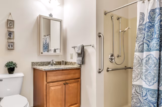 A bathroom with a white toilet, a wooden vanity with a granite countertop, a wall-mounted mirror above the sink, a towel rack with folded towels, a shower area with grab bars and a handheld showerhead, and a blue and white patterned shower curtain.