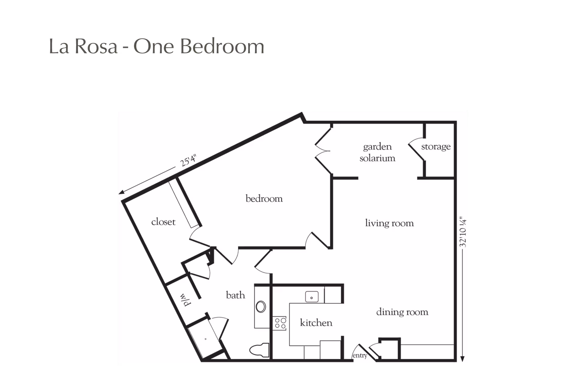 Floor plan titled 'La Rosa - One Bedroom' showing a layout with a bedroom, closet, bath, walk-in closet (w/d), kitchen, dining room, living room, garden solarium, storage, and entry. Dimensions are marked as 25 feet 4 inches and 32 feet 10 1/4 inches.
