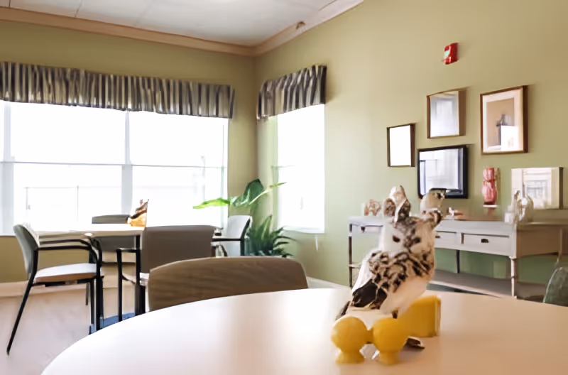 A bright room with light green walls featuring several tables and chairs. A decorative bird figurine is placed on the round table in the foreground. Large windows with striped valances allow natural light to fill the space. A console table against the wall holds various decorative items and framed pictures.