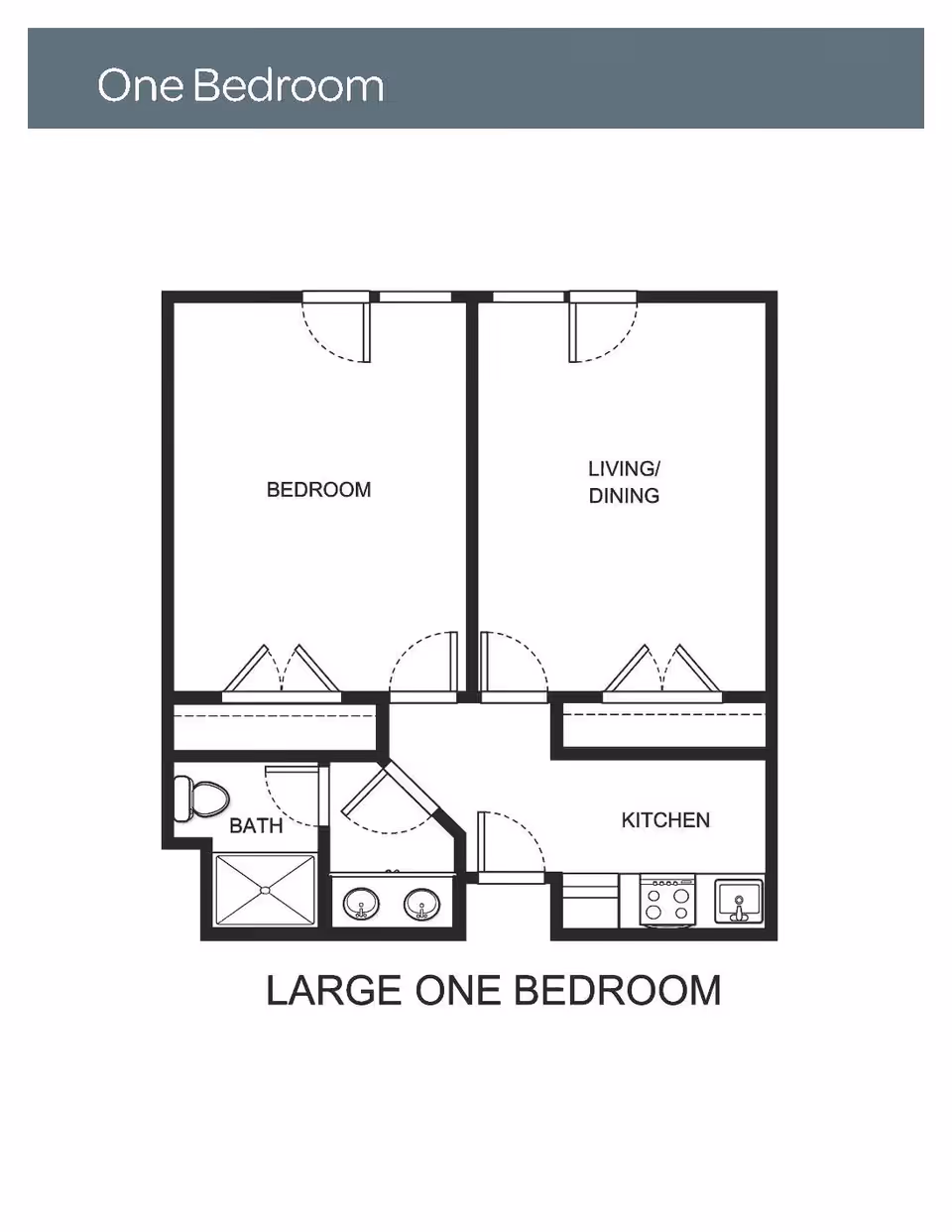 Floor plan layout of a large one bedroom apartment showing a bedroom, living/dining area, kitchen, and bathroom with labeled rooms and doors.