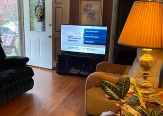 A cozy living room with wooden flooring, featuring a green armchair on the left, a beige armchair on the right, a table lamp with a yellow shade, a television on a black stand displaying a screen with text, and a door leading outside with a glass panel and a decorative hanging. There is also a plant in the foreground.