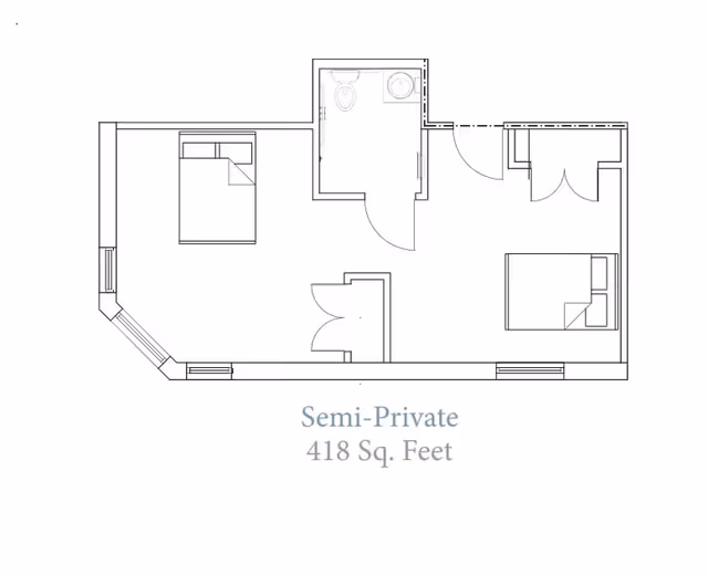 Architectural floor plan of a semi-private room measuring 418 square feet, showing two separate sleeping areas each with a bed, a shared bathroom with a toilet and sink, and entry doors.