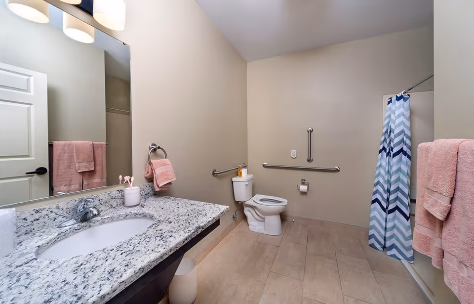 Accessible bathroom with a granite countertop sink, toilet with stainless grab bars, and a shower with a blue chevron curtain.