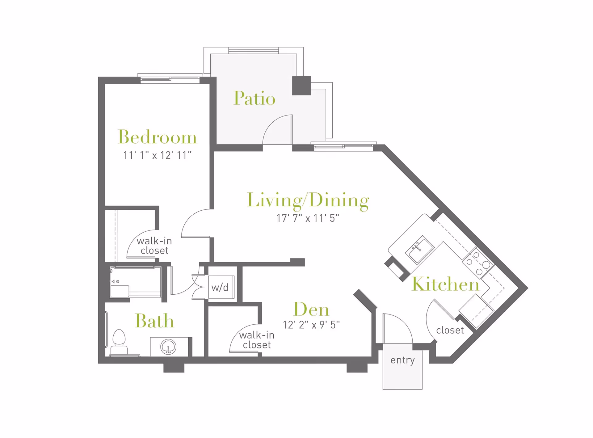 Floor plan of an apartment at Clearwater Pinnacle Peak showing a bedroom with walk-in closet, bathroom, den with walk-in closet, kitchen with closet, living/dining area, patio, and entry.
