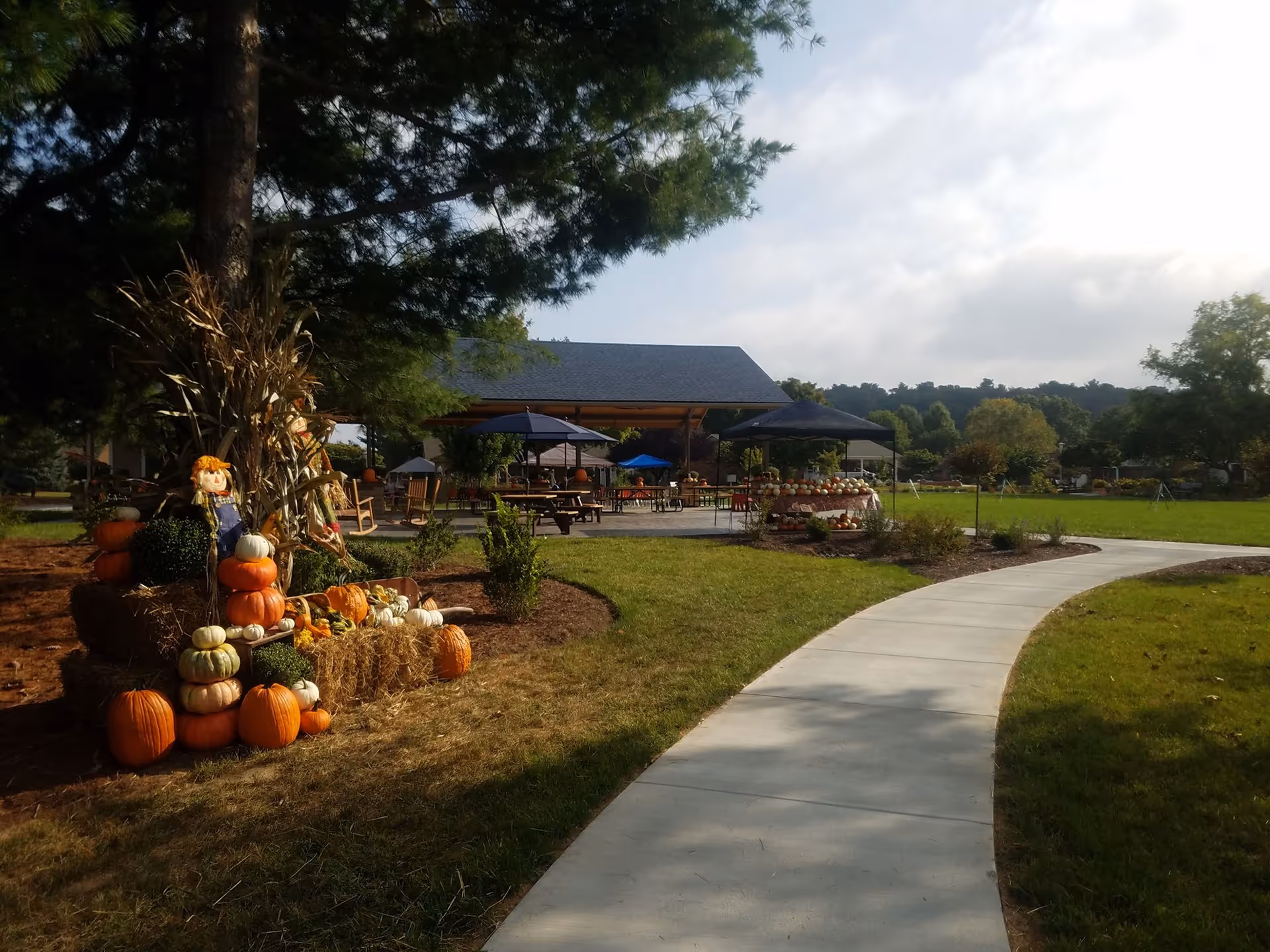 A curved concrete pathway leads through a grassy outdoor area decorated with pumpkins, hay bales, and scarecrows. In the background, there is a covered pavilion with tables, chairs, and umbrellas, surrounded by trees and hills under a partly cloudy sky.