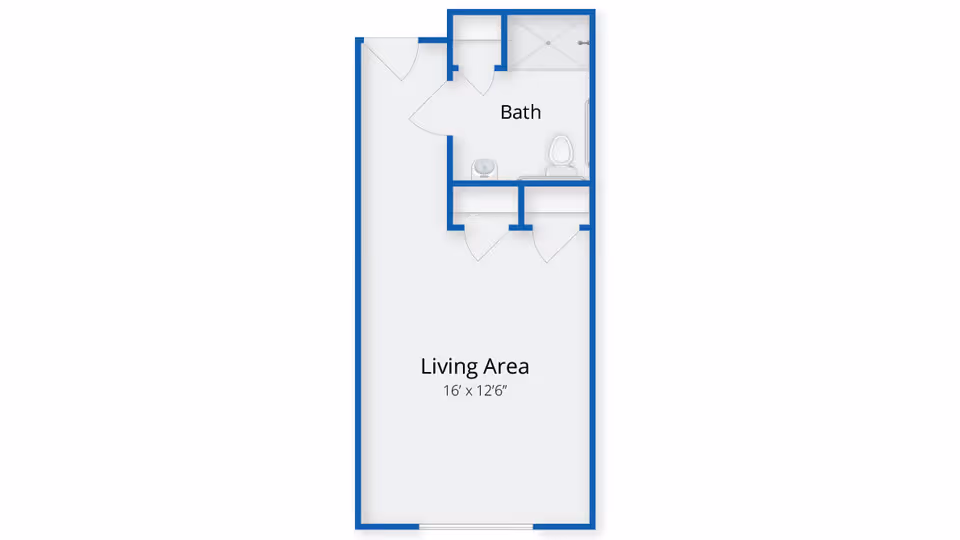 Floor plan of a small living space featuring a living area measuring 16 feet by 12 feet 6 inches, and a bathroom with a shower, toilet, and sink.