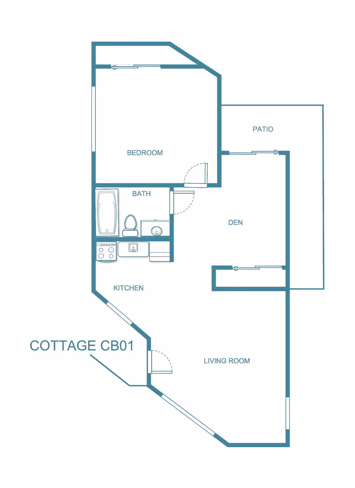 Floor plan layout of a senior living cottage labeled COTTAGE CB01, showing a bedroom, bath, kitchen, den, living room, and patio.
