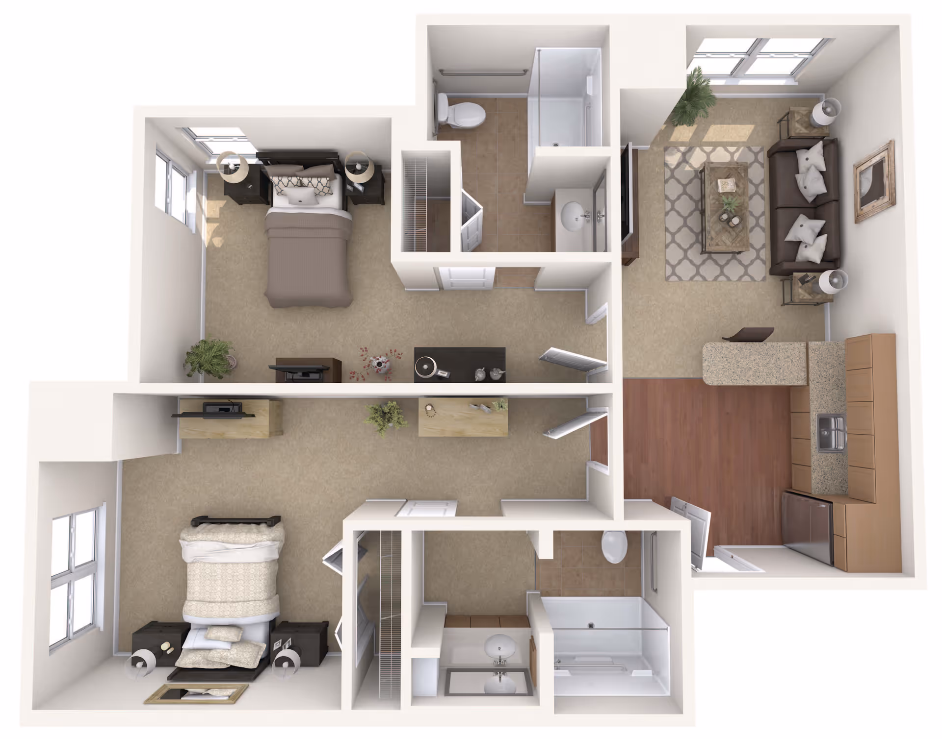 3D floor plan of a residential unit featuring two bedrooms, two bathrooms, a living room, and a kitchen with a breakfast bar. The bedrooms each have beds, nightstands, and dressers. The bathrooms include sinks, toilets, and showers or bathtubs. The living room has a sofa, coffee table, side tables, and a TV. The kitchen is equipped with cabinets, a sink, a refrigerator, and a stove.