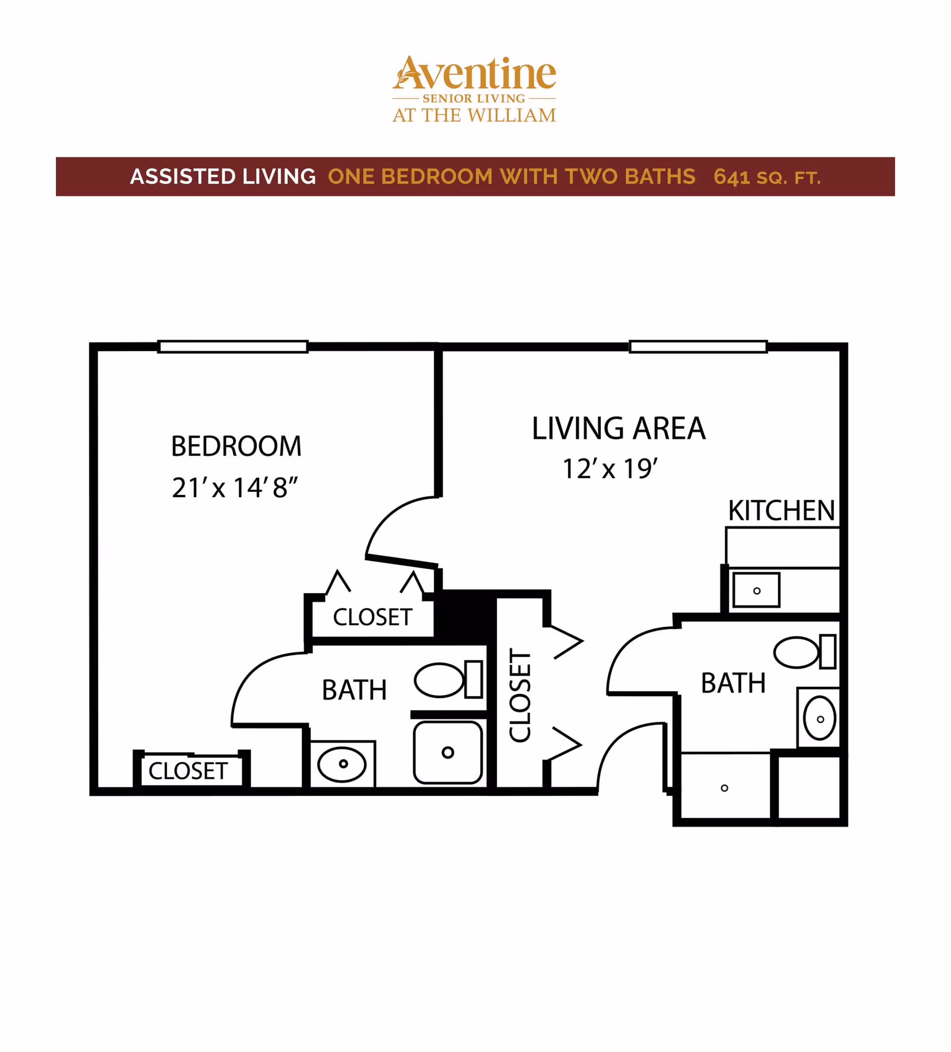 Floor plan of an assisted living unit at Aventine Senior Living at The William, showing one bedroom with two baths and a total area of 641 square feet. The layout includes a bedroom measuring 21 feet by 14 feet 8 inches, a living area measuring 12 feet by 19 feet, a kitchen, two bathrooms, and multiple closets.