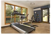 Small fitness room with a treadmill, recumbent bike, dumbbell rack, and large windows overlooking greenery.