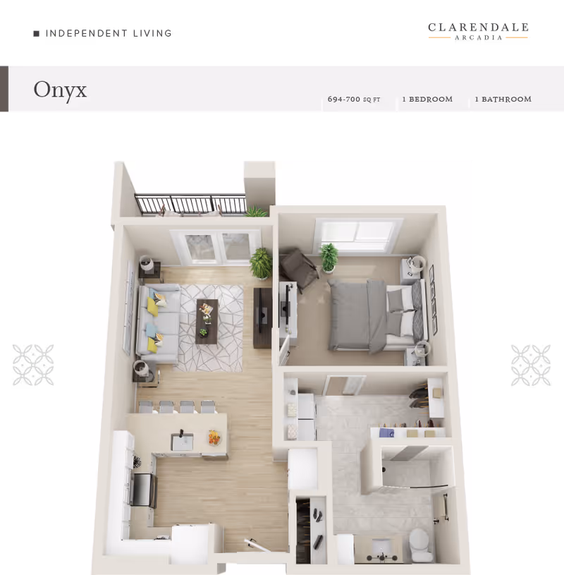 3D floor plan of the Onyx apartment at Clarendale Arcadia showing a 1-bedroom, 1-bathroom layout with a living room, kitchen with breakfast bar, bedroom, bathroom, and balcony.