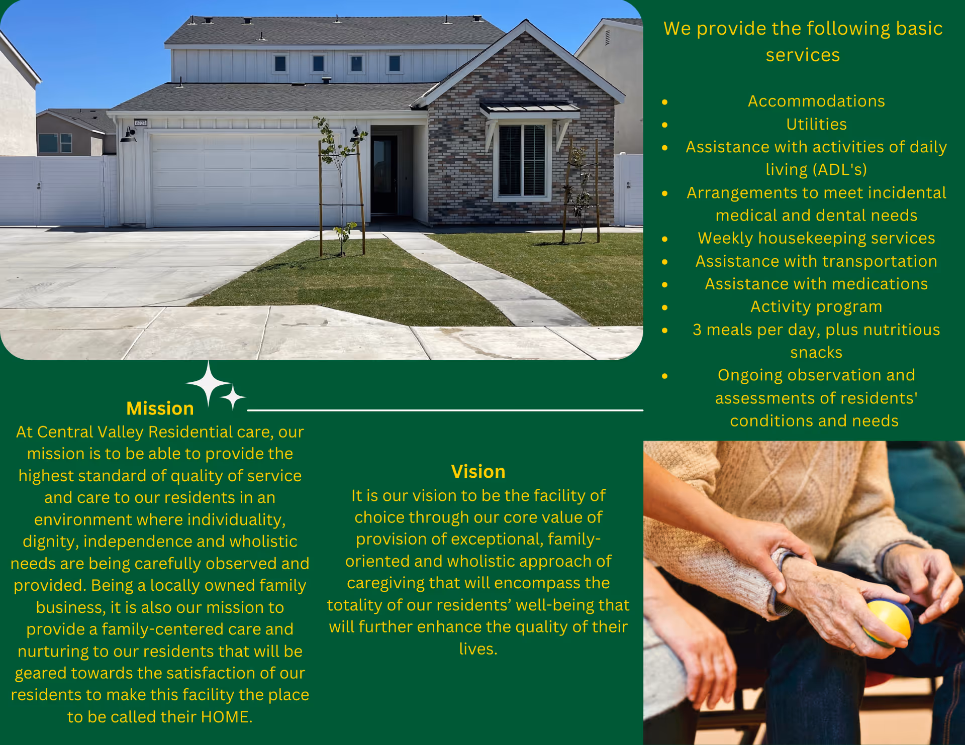 Front exterior of a single-family house with a two-car garage and lawn shown as part of a green brochure that lists services and mission with an inset photo of elderly hands.