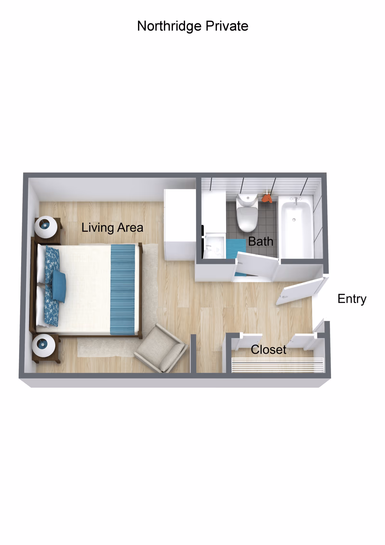 3D floor plan of a small senior living unit labeled Northridge Private, showing a living area with a bed, two nightstands, and a chair; a bathroom with a toilet, sink, and bathtub; a closet near the entry door.