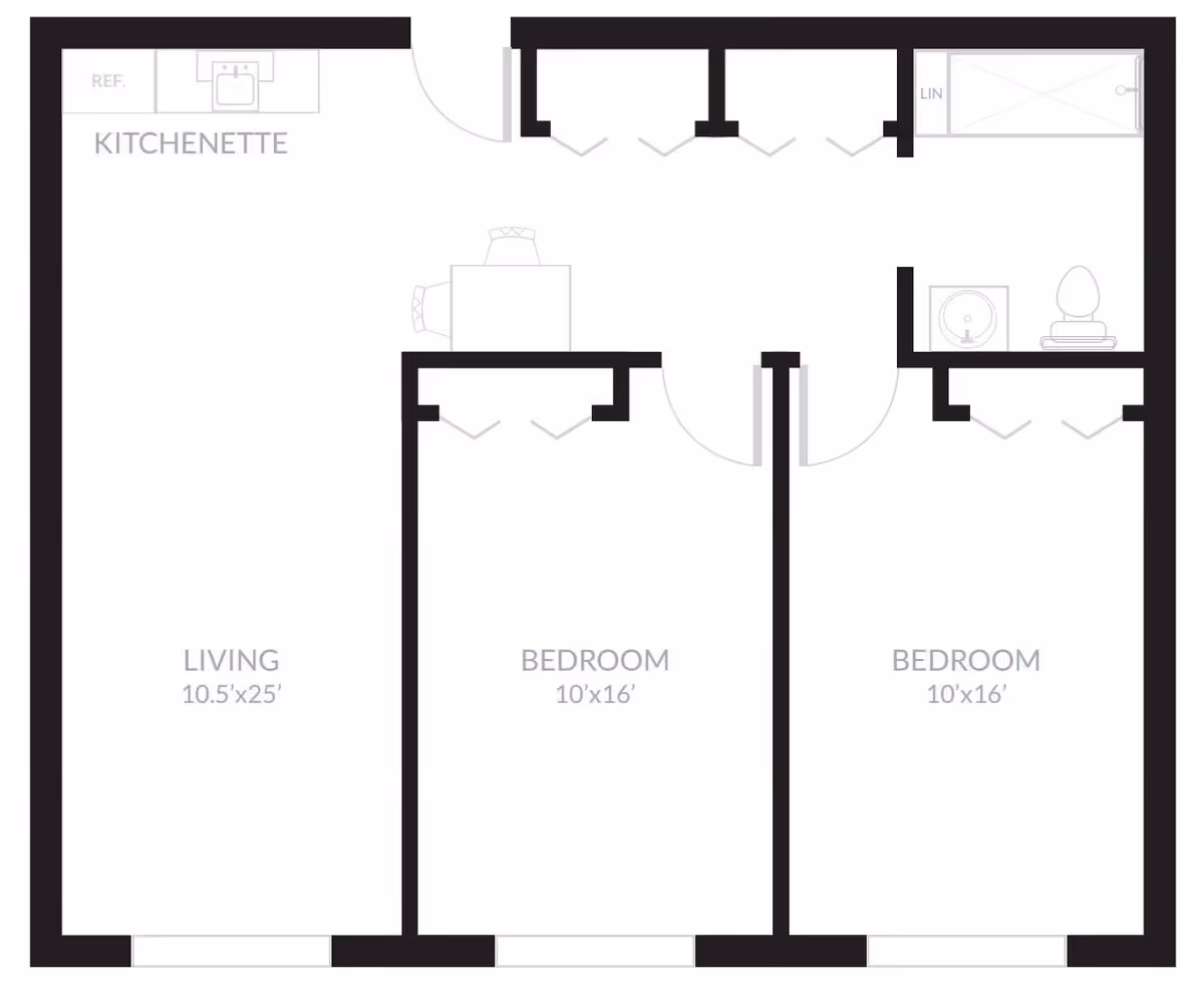 Architectural floor plan showing a layout with a kitchenette, living area, two bedrooms, and a bathroom with a shower, sink, and toilet.